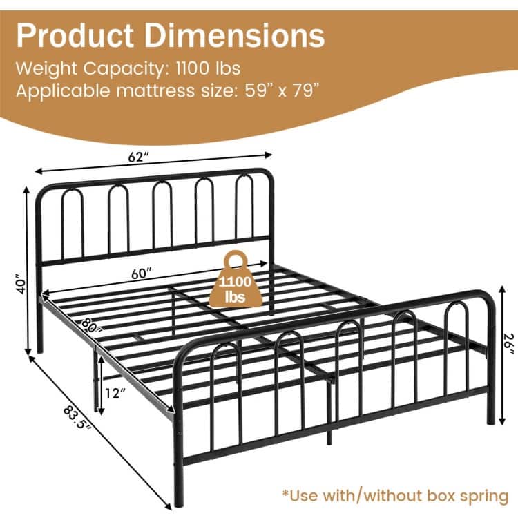 Metal Platform Bed Frame with Headboard and Footboard for Black Steel Heavy Duty with Storage Space