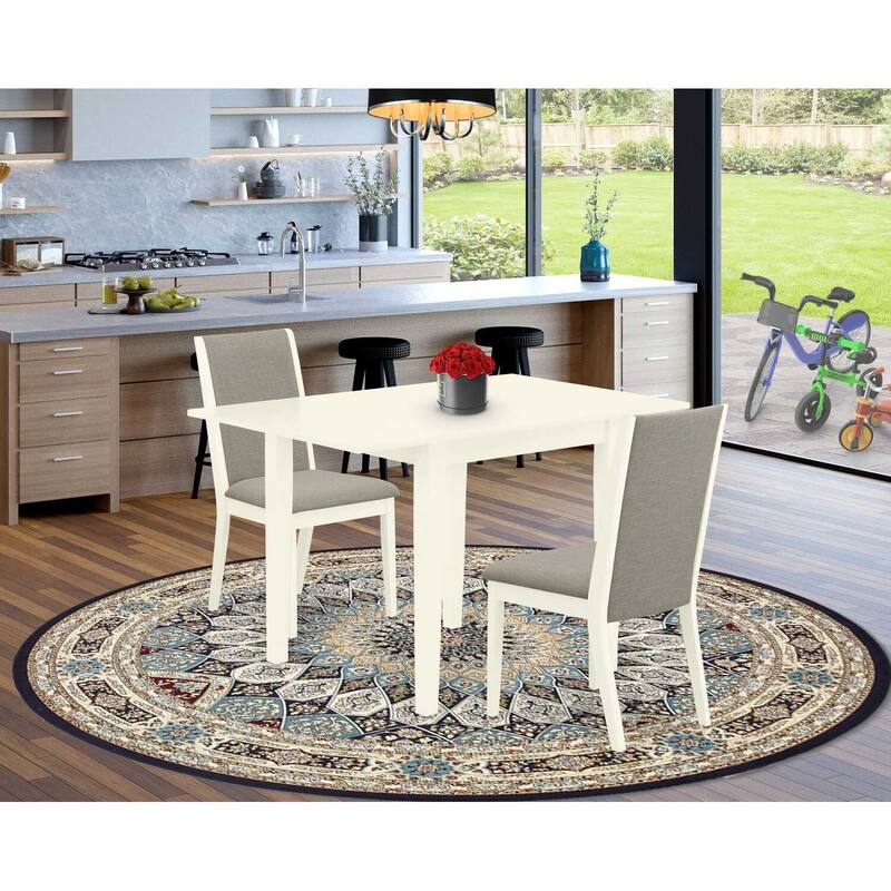 HomeStock 3-Pc Linen White Finish Rectangular Solid Wood Top With Dropleaf Dining Table Set