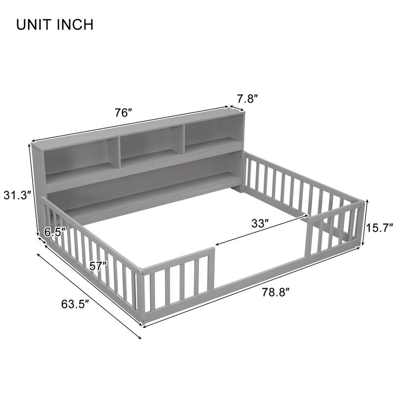 Wooden bed floor bed with bedside bookcase and shelves