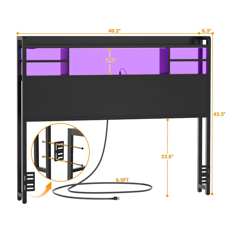 Storage Headboard with USB Port and Power Outlet, Head Board with LED Light for Bed Frame