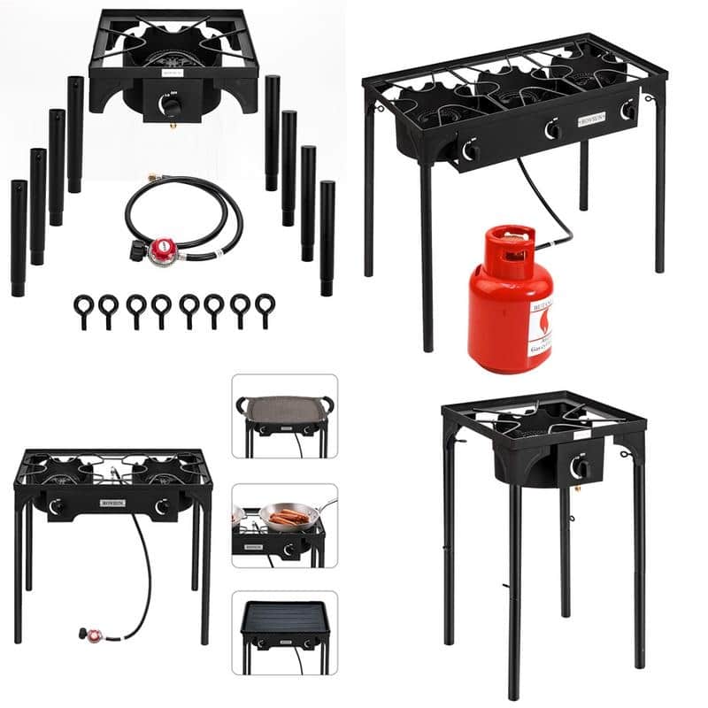 5.51" Head 75000-225000 BTU Outdoor Camp Stove Portable High Pressure Propane Gas Cooker/1.2M Leather Hose - Black