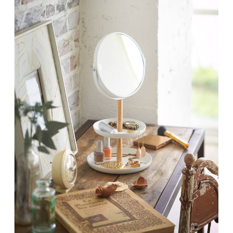 Yamazaki Home Two-Tier Jewelry Tray With Mirror, Steel and Wood, Mirror diameter 5.9 inches, Holds 4.4 lbs