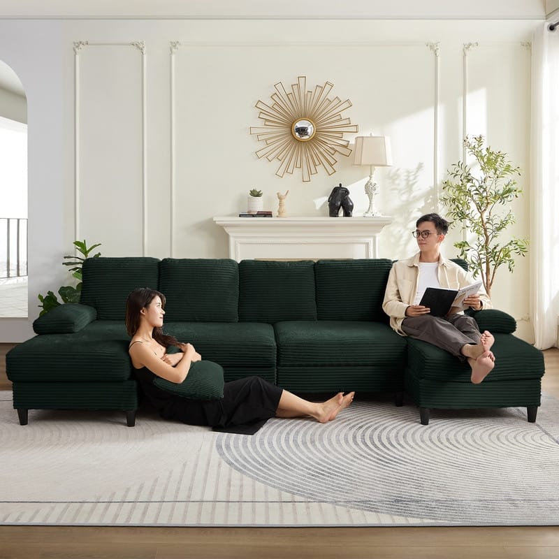 Mixoy W112inch Upholstered 5-Seater Sectional Sofa Couch,Corduroy Large U-Shaped Sofa with Double Chaises and Sleepable Armrests