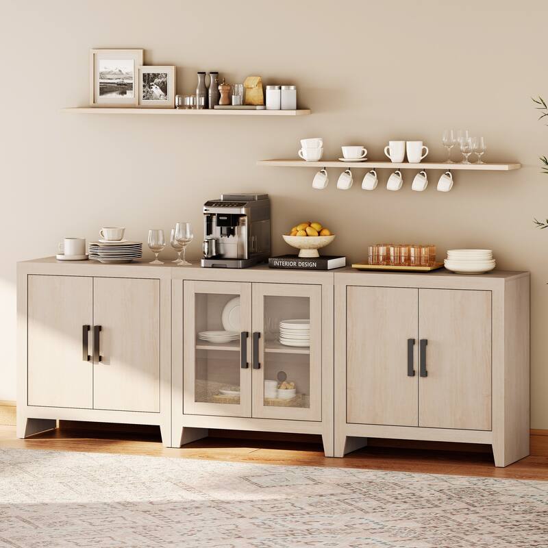 WAMPAT Farmhouse Buffet Cabinet with Glass Doors, 3-Piece Modular Sideboard with Adjustable Shelves - Beige
