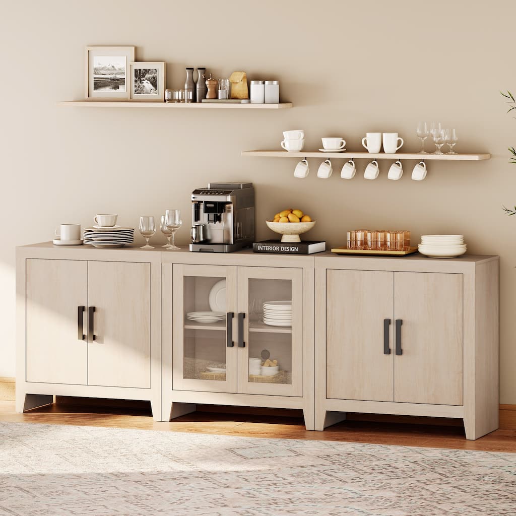 WAMPAT Farmhouse Buffet Cabinet with Glass Doors, 3-Piece Modular Sideboard with Adjustable Shelves