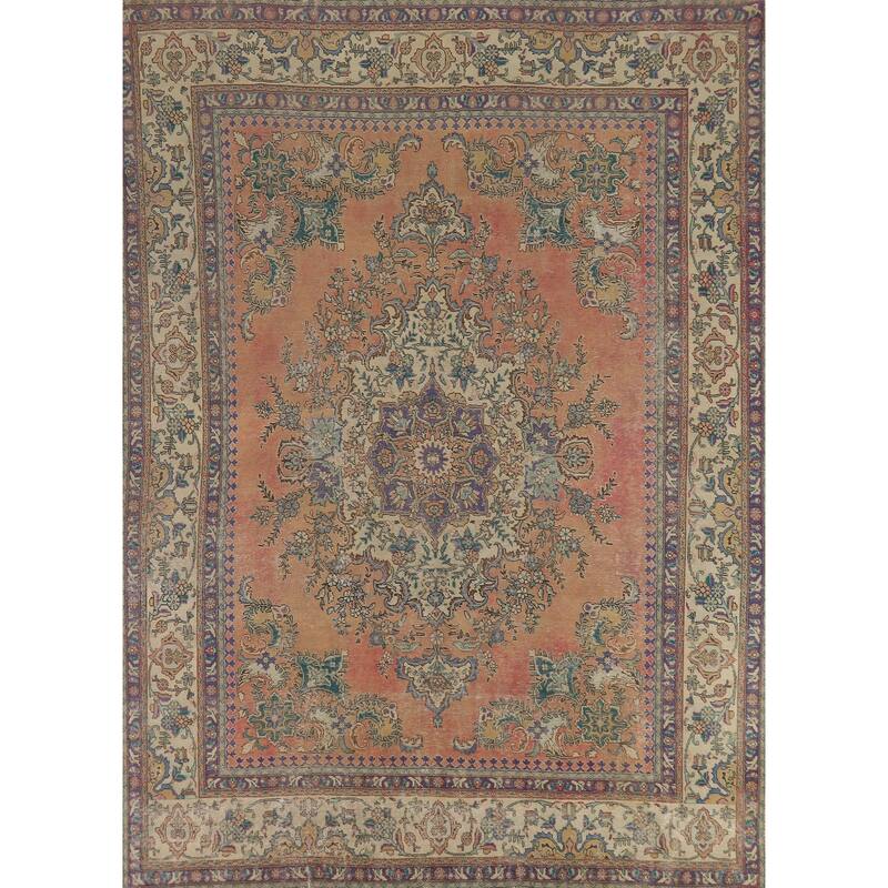 Vegetable Dye Tabriz Persian Vintage Area Rug Handmade Wool Carpet - 9'5" x 12'3"