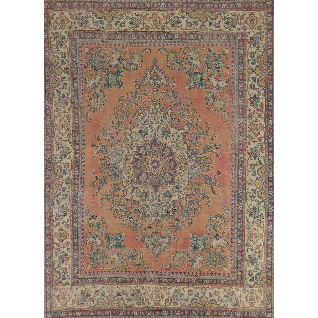 Vegetable Dye Tabriz Persian Vintage Area Rug Handmade Wool Carpet - 9'5" x 12'3"