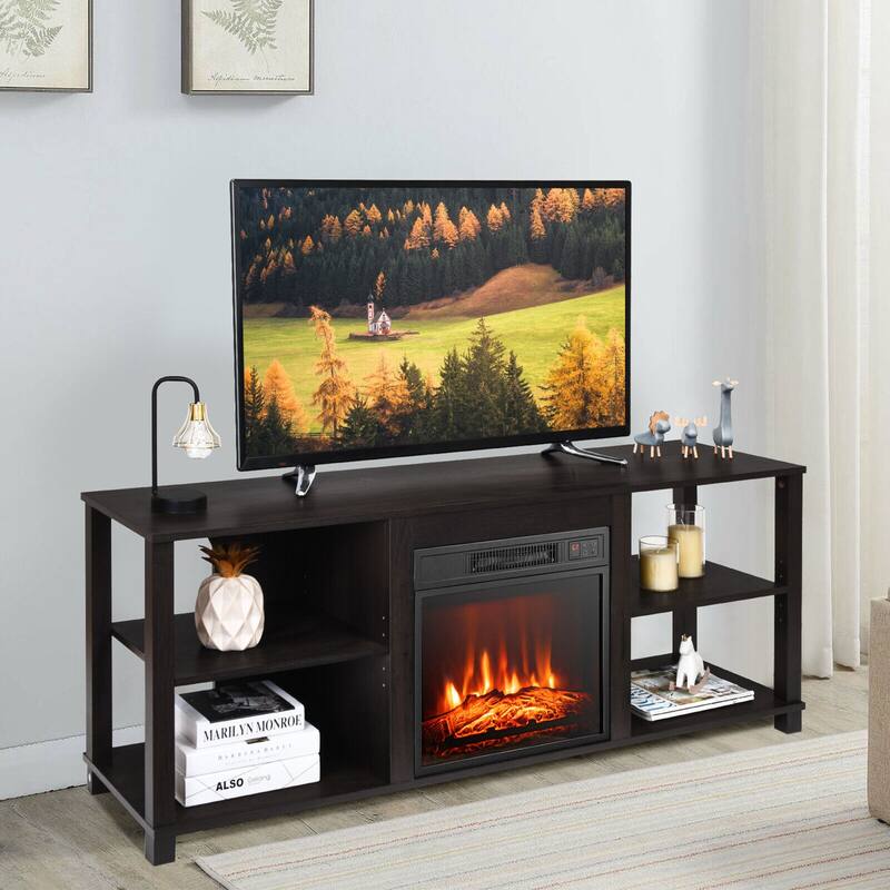 Gymax 2-Tier TV Stand &Electric Fireplace Heater Storage Cabinet