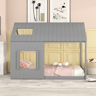 Full Size Wooden House Bed with Roof and Window Design