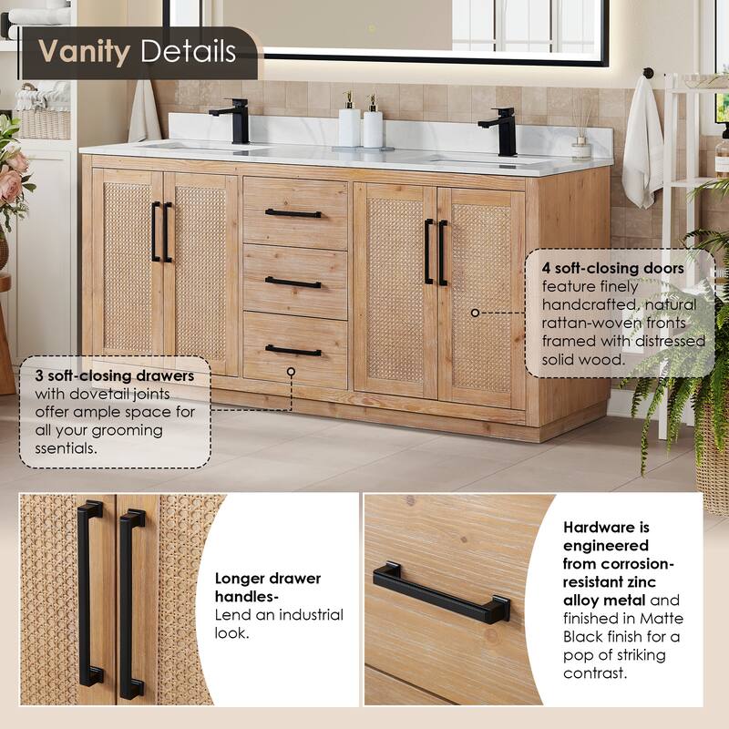 Floral Single Bathroom Vanity in Light Brown with Calacatta White Quartz Countertop with Mirror