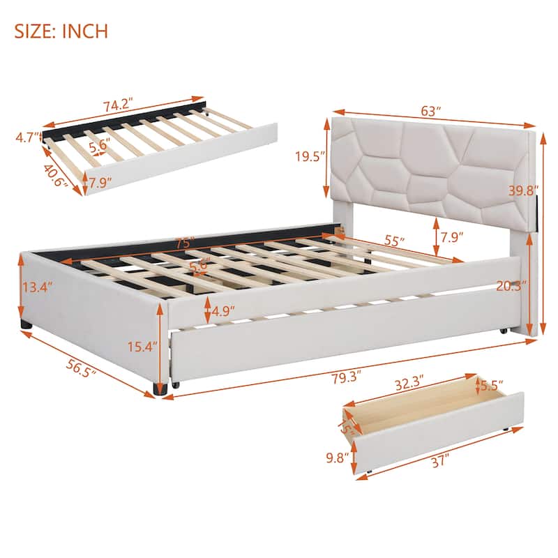 Beige Full Linen Platform Bed with Brick Pattern Headboard, Trundle, and Storage Drawers