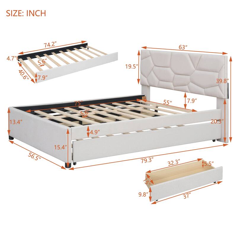 Upholstered Platform Bed with Trundle, 2 Drawers, Headboard