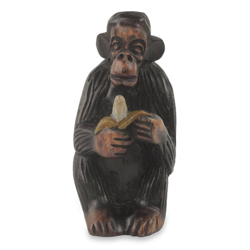 Novica Handmade Monkey Peeling A Banana Ebony Wood Figurine