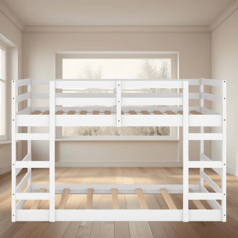 Full Over Full Size Bunk Platform Bed Frame with Ladder, Pine Wood Frame for Durability and Safety, Kids Bedroom Furniture - White - Full
