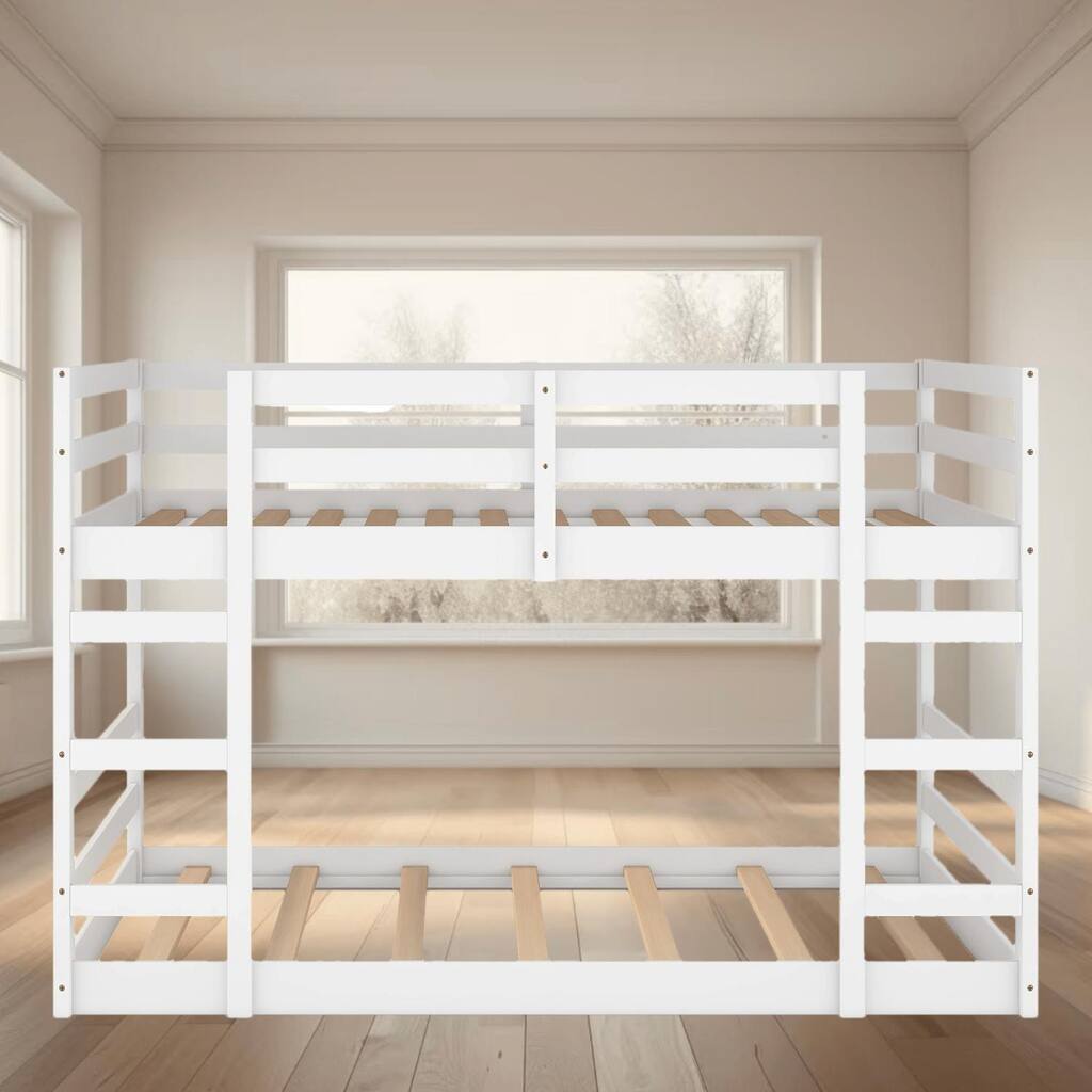 Full Over Full Size Bunk Platform Bed Frame with Ladder, Pine Wood Frame for Durability and Safety, Kids Bedroom Furniture