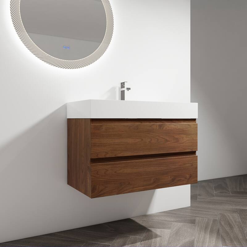 24/30/36 Single Sink Wall-Mounted Bathroom Vanity with Integrated Thick Edge Resin Sink