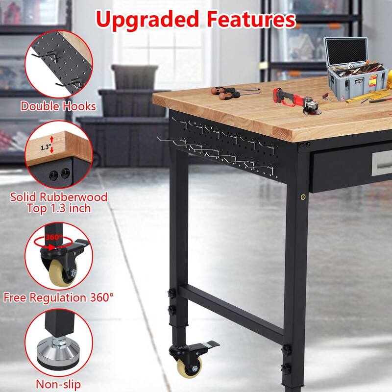 Heavy Duty Adjustable Height Workbench with Casters and Drawer - 48"x24"