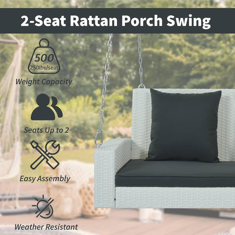 2-Person Wicker Hanging Porch Swing with Chains, Cushion & Pillow
