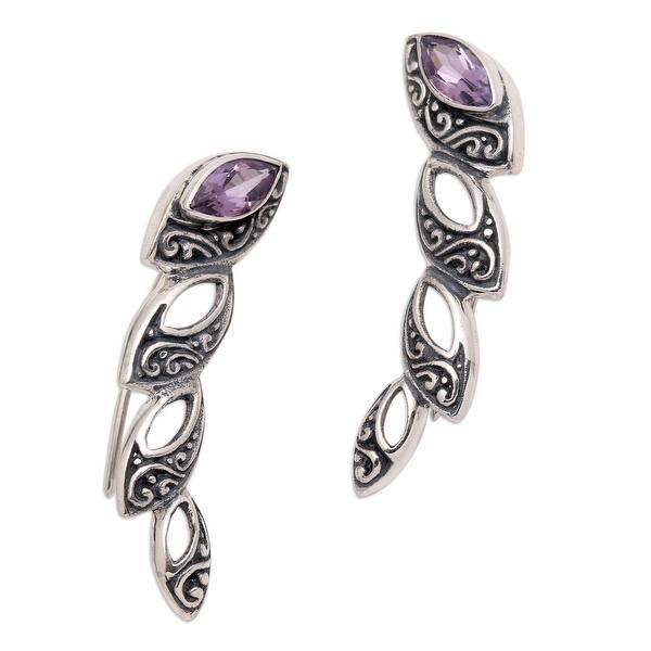 slide 1 of 3, NOVICA Climbing Marquise in Purple, Sterling silver and amethyst ear climber earrings - 1L*0.3W