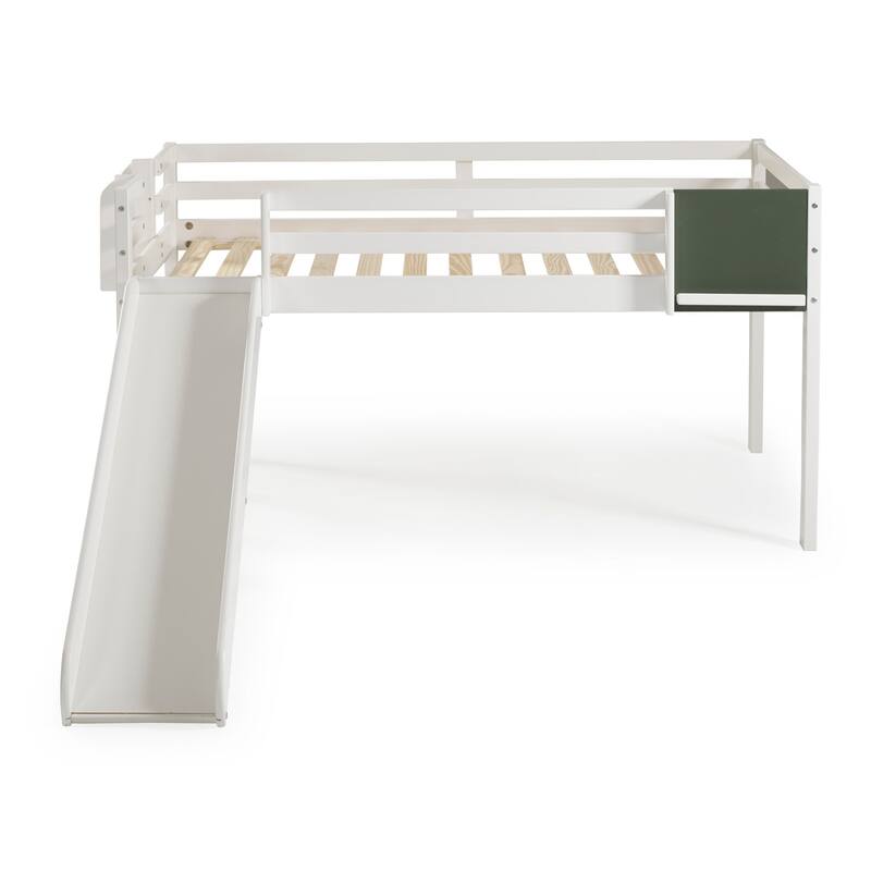 Camille Kids Twin Loft Bed with Slide and Ladder - Pine Wood Loft Bed with Chalkboard