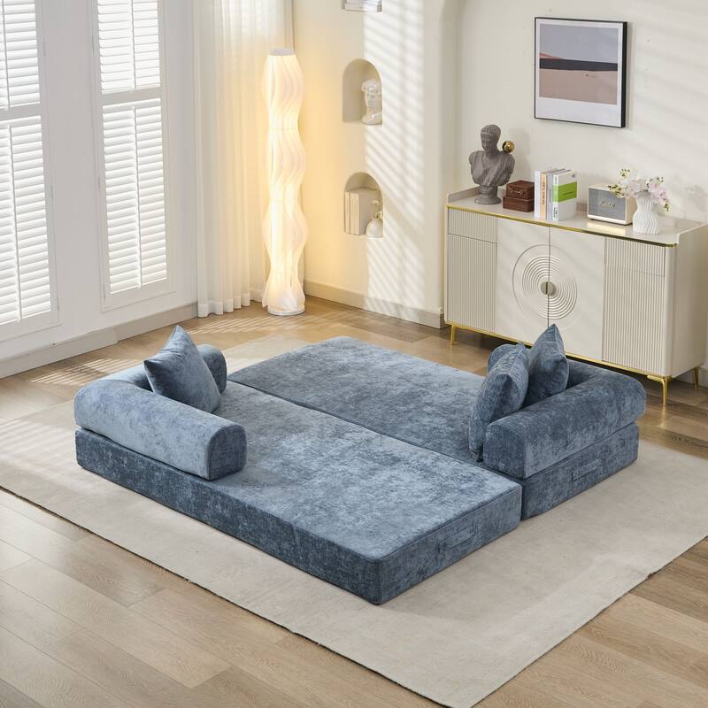 Chenille Folding Sofa Floor Sleeper Bed Chaise Lounger Couch 3-in-1 Comfy Mattress with Reversible Arm Pillows and Non-slip Pad