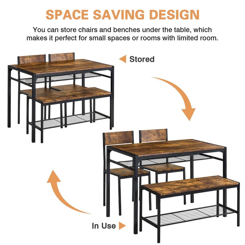 VECELO 43.3" Dining Table Set with Bench, Kitchen Table for 4, Modern Metal Frame Dining Furniture Set for Small Space