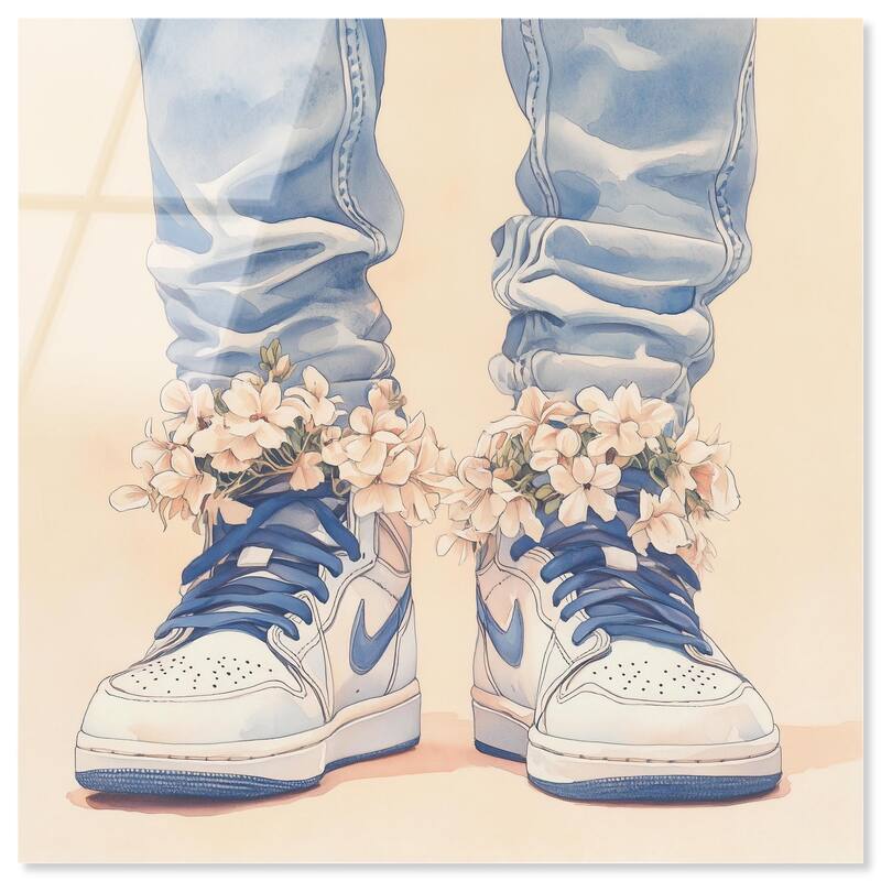 Gentle Blue Sneakers and Flowers Acrylic by Art Remedy, Ready to Hang - 40" x 40"