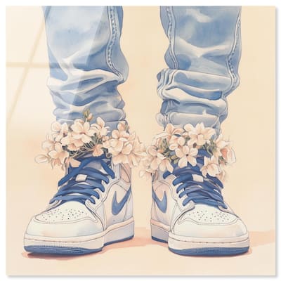Gentle Blue Sneakers and Flowers Acrylic by Art Remedy, Ready to Hang