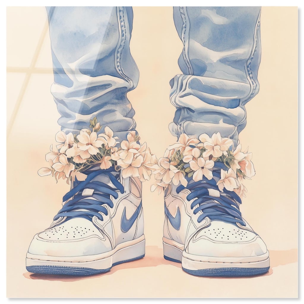 Gentle Blue Sneakers and Flowers Acrylic by Art Remedy, Ready to Hang