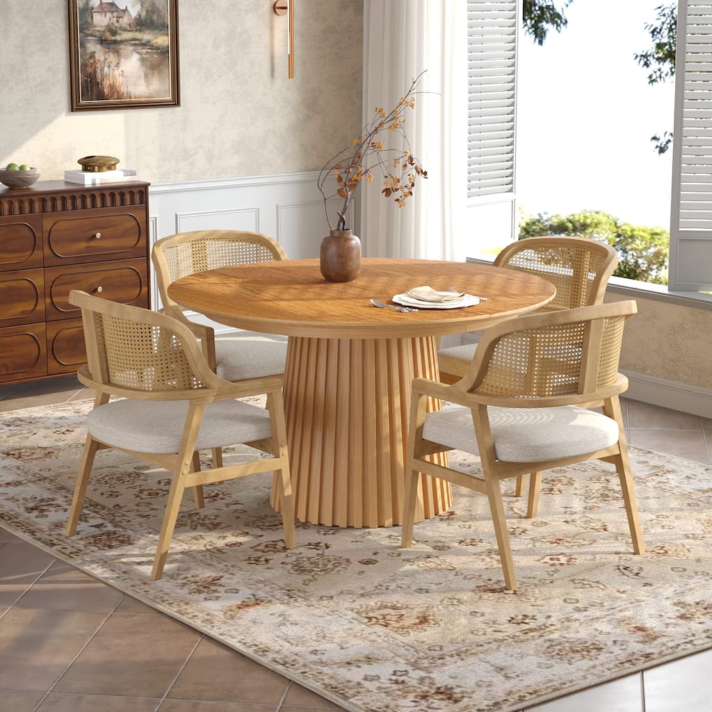 Christopher Knight Home - Mid-Century Extendable Dining Table Set with Upholstered Cane Back Dining Chairs