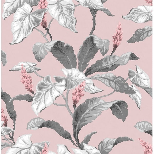 slide 2 of 6, Brewster Meridian Parade Pink Tropical Leaves Wallpaper