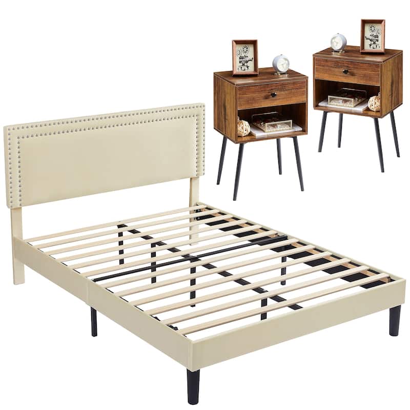 VECELO 3-Pieces Upholstered Platform Bed Frame with Adjustable Headboard and Nightstands Set of 2, Beige - Brown - Full