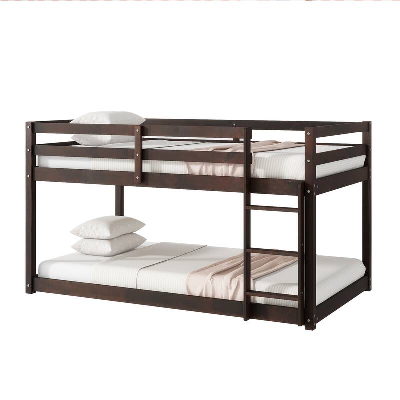 Low Loft Bed with Ladder, Solid Rubber Wooden Bed Frame for Multi Children, Floor Bed - Available with or without Slats