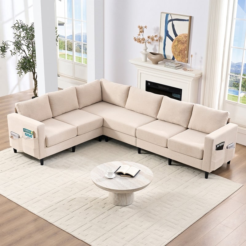 Mixoy 108" Linen Oversized Modular Sectional Sofa,L-Shaped Sectional Sofas with Side Pocket,Large 6 Seater Corner Sofa