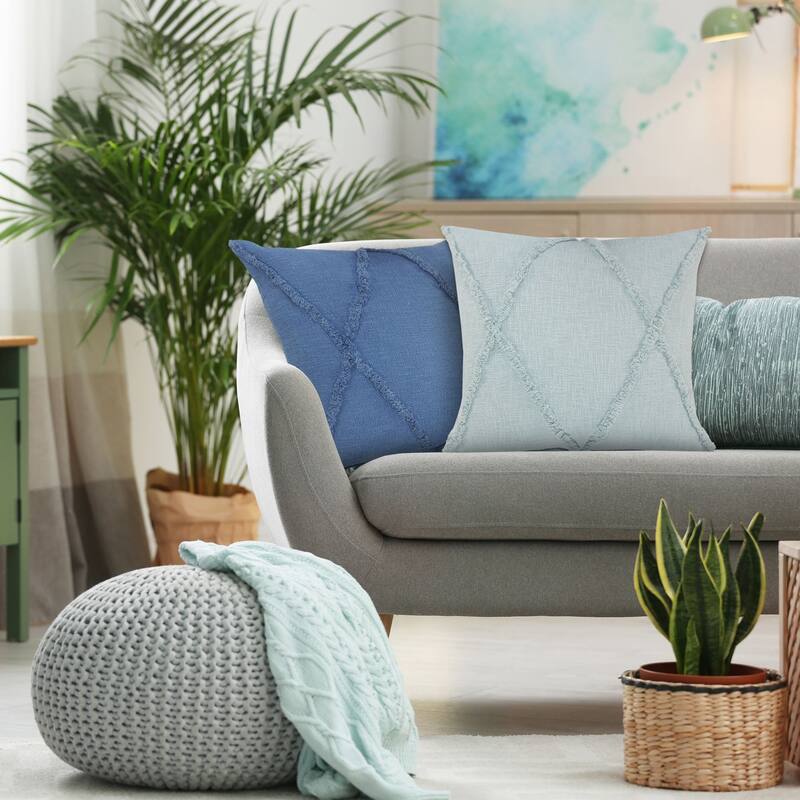 18" Pastel Blue Hand Woven Diamond Tufted Square Throw Pillow