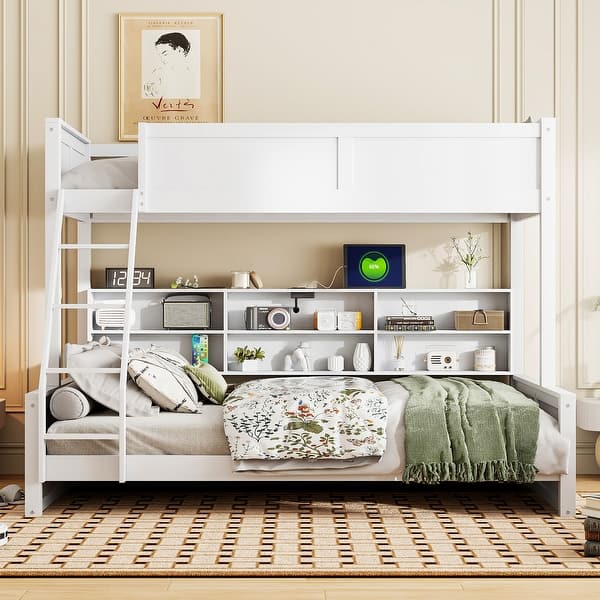 slide 2 of 52, Wooden Bunk Bed with Charging Station & Storage Cabinets Antique White - Twin XL over Queen