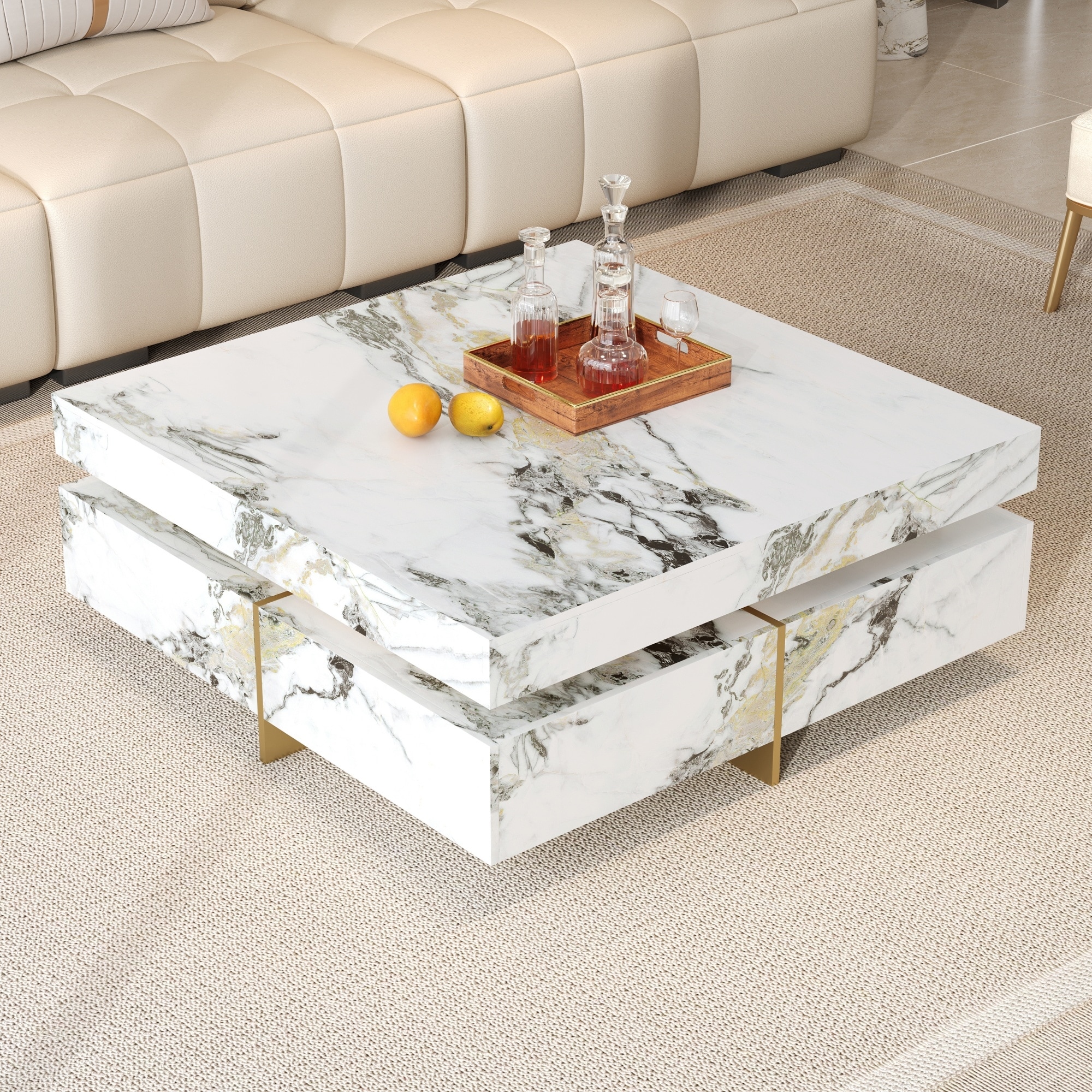 43.3" Modern Square Marble Textured Coffee table with 4 Drawers and Suspended Base, White