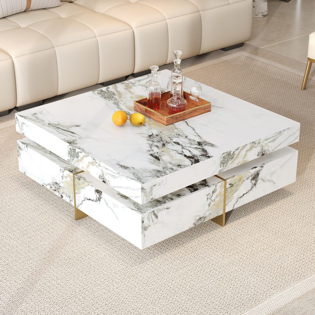Large Square Coffee Table with 4 Drawers, White Marbling Cocktail Table for Living Room, Modern Center Table for Office