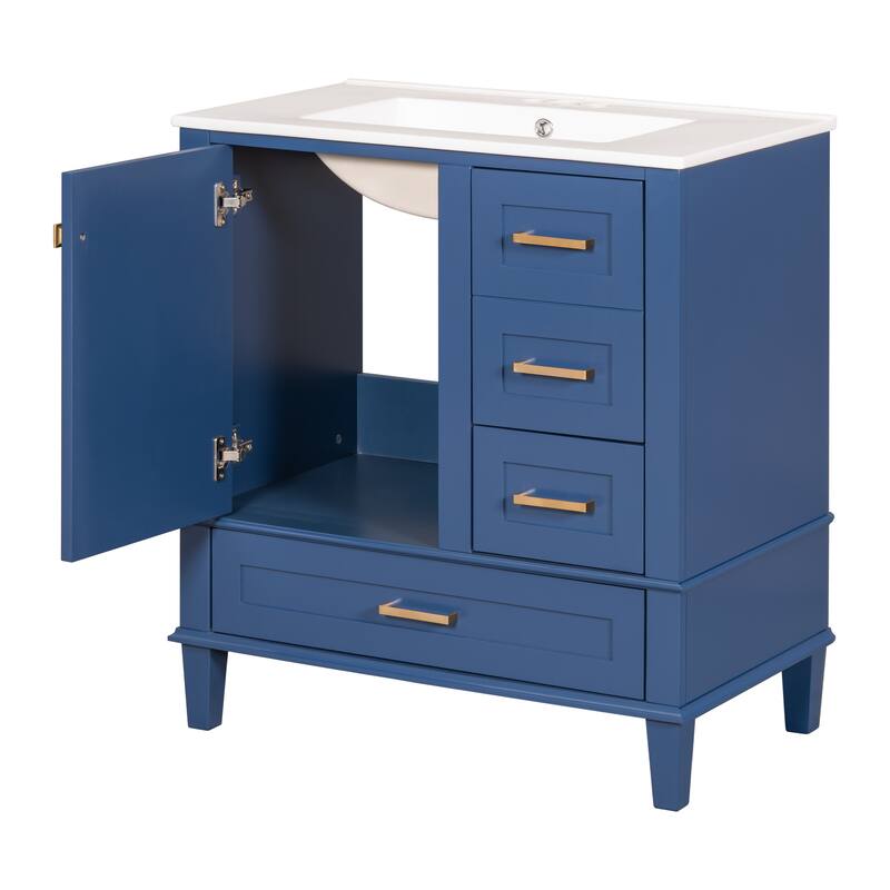 Single Sink Bathroom Vanity Cabinet, Vanity Base & Ceramic Sink Combo Set, 3 Drawers Bathroom Storage Cabinet, 30 Inch