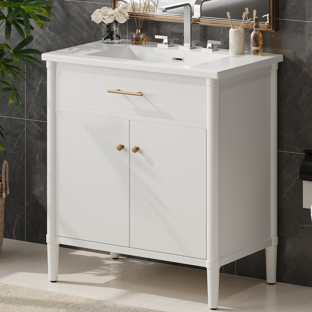 31 Inch Bathroom Vanity with Sink Soft Close Doors Adjustable Shelf Rubber Wood Legs, Curved Profile Design