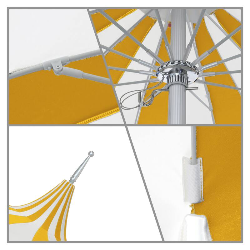 California Umbrella 8.5' Pagoda Series Patio Umbrella Silver Anodized Aluminum Pole Push Lift Sunbrella Natural & Pacific Blue