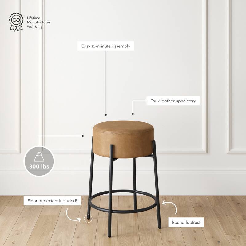 Isaac Modern Backless Metal Round Bar Stool with Boucle Padded Seat and Metal Base