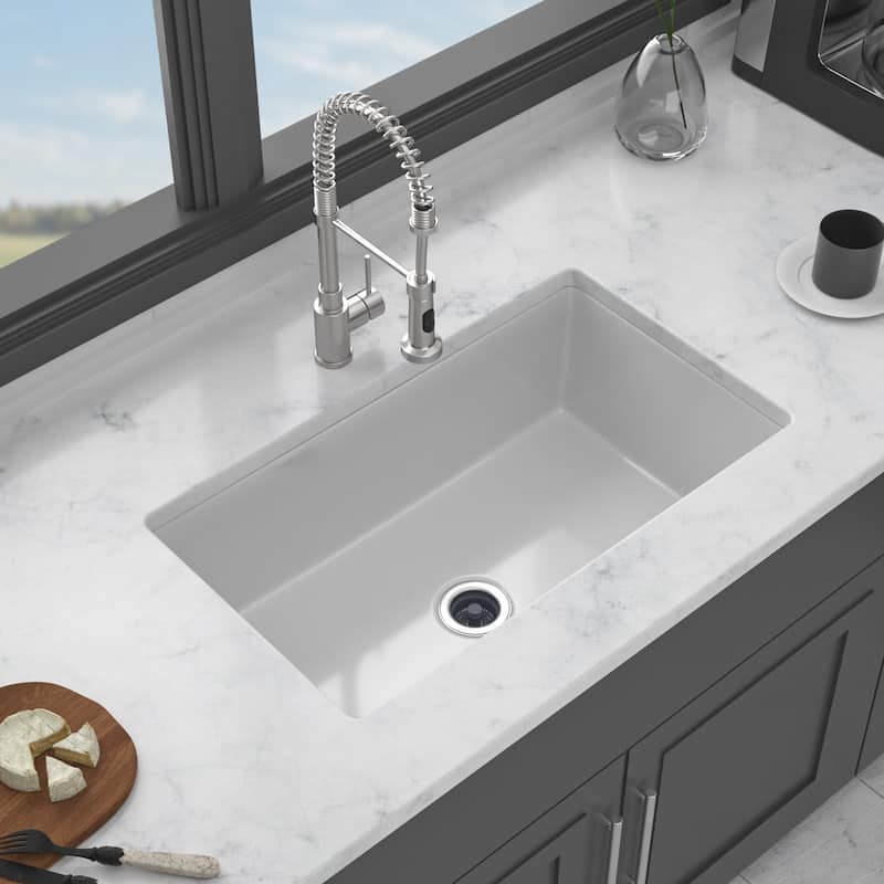 Undermount Single Bowl Fireclay Kitchen Sink - Dual Mount White Porcelain Fireclay Rectangular Deep Single Bowl Sink Basin