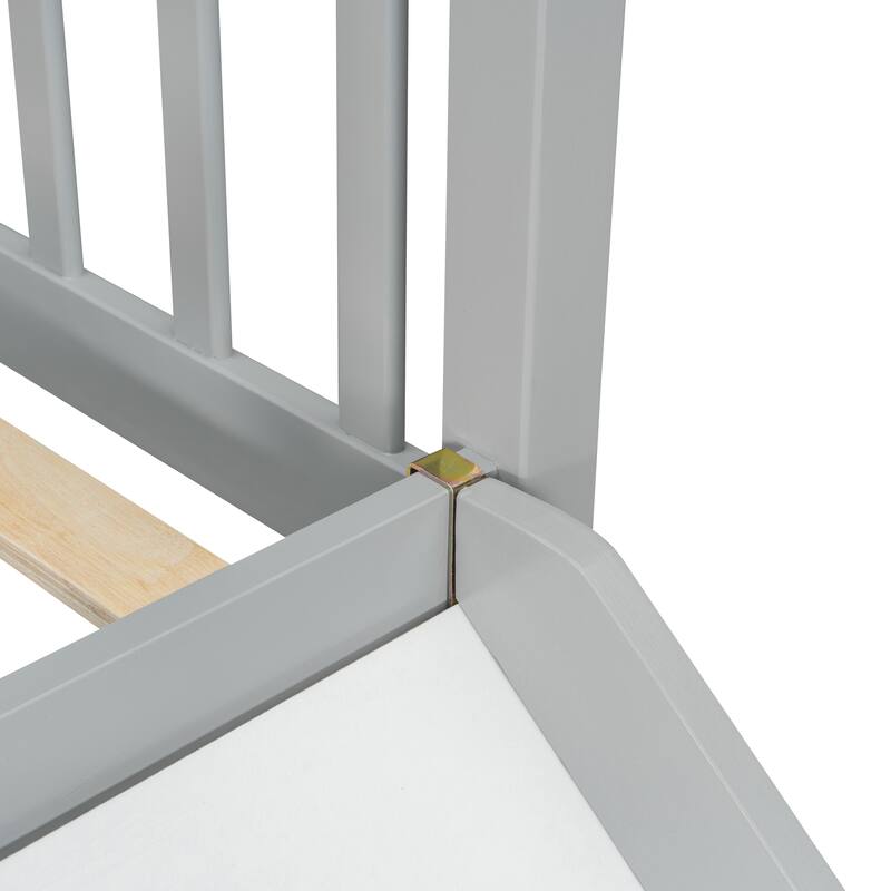 Full over Full Bunk Bed with Built-in Ladder and Slide, Wooden Full Size Floor Bunk Bed Frame