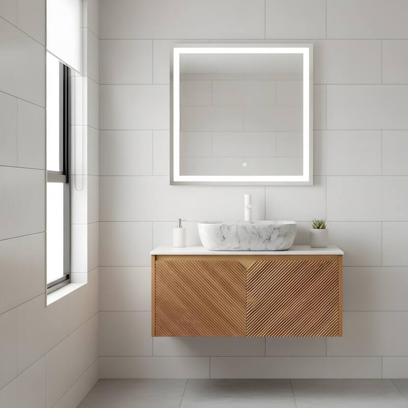 Wall-mounted Bathroom Vanity with Rectangular Vessel Basin - 36 - Brown Oak+Stone Gray