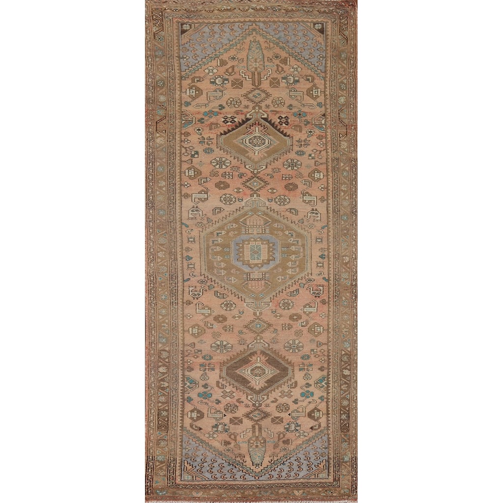 Geometric Hamedan Persian Vintage Runner Rug Handmade Wool Carpet - 3'5" x 9'3"
