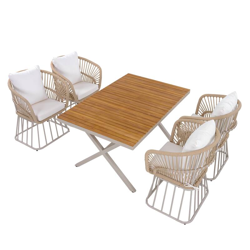Christopher Knight Home - Outdoor Acacia Wood and Steel Dining Set with Wicker Weave Chairs & 55.12" Rectangular Dining Table
