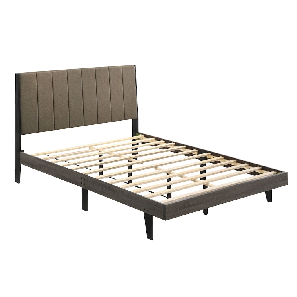 Brown and Weathered Grey Upholstered Queen Bed with Rustic Finish