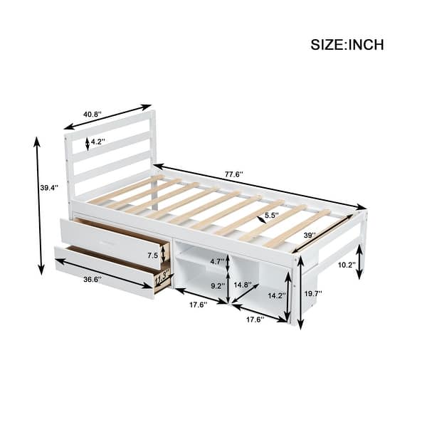dimension image slide 0 of 3, Twin Size Wood Platform Bed with Removable Storage Shelves, Built-in Two Storage Drawers for Added Convenience