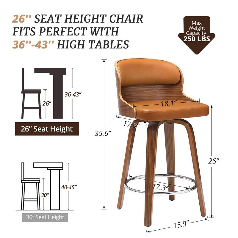 26 in. Counter Height Stool, Wooden Swivel Barstool PU Leather with Low Back